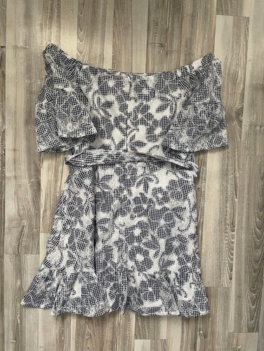J.O.A. Kleid Damen L marine kariert Blumenstickerei & Spitze schulterfrei Neu mit Etikett - Bild 10 von 10