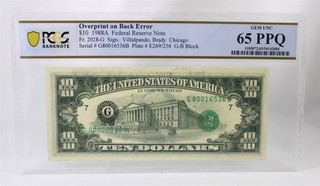 US Mint Error Overprint on Back $10 Series 1988 PCGS 65 PPQ Gem UNC
