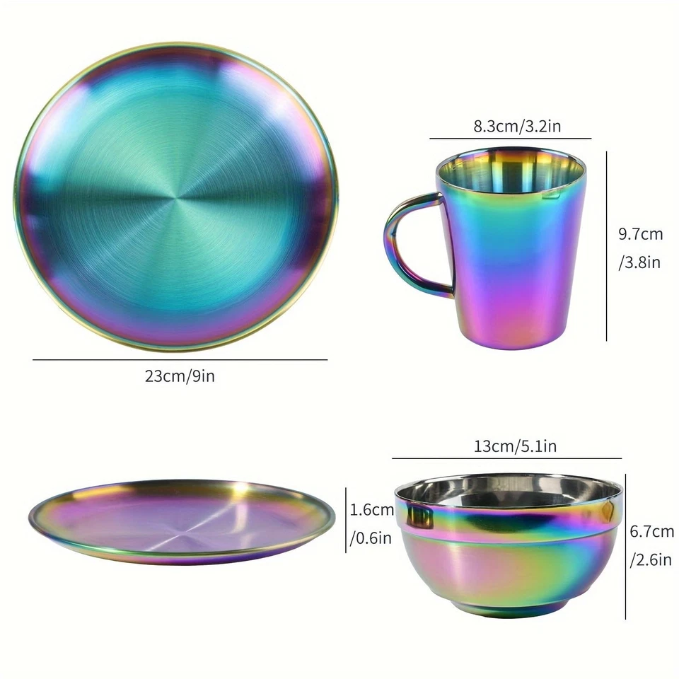 Juego de vajilla de acero inoxidable - Juego de platos y cuencos con café, pasta, kit... Foto 3 de 4