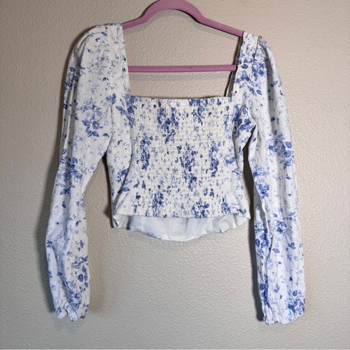 Joie weiß blau geblümt Leinen Bauern Top Damen S gesmokt cropped Langarm - Bild 3 von 11