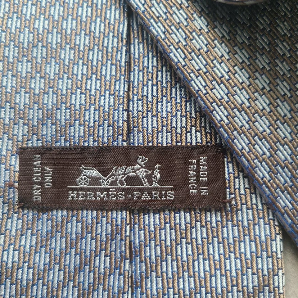 New Unused HERMES Neck Tie Light Blue Brown Check 100%Silk Made in France - Image 4 of 4