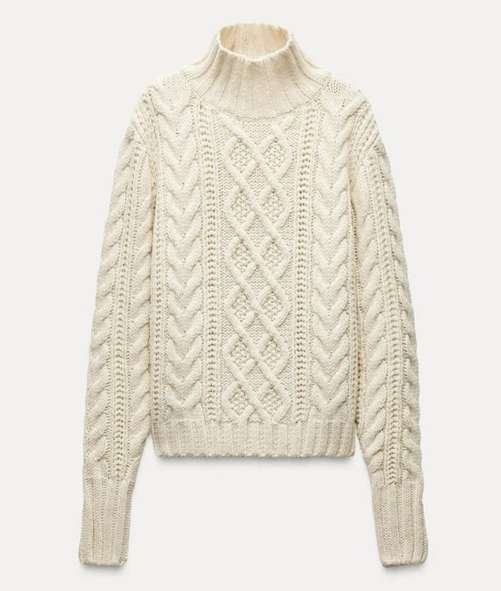 Zara Ecru Chunky Cable Aran Wool Knit High Neck Ribbed Braided Sweater Jumper M