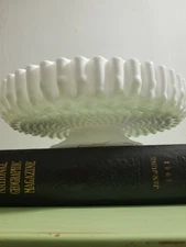 Fenton White Milk Glass Hobnail Chip & Dip Ruffled Crimped Pedestal Dish Plate