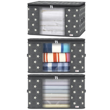 3x 90L Storage Bag with Zips Clothes Bedding Foldable Wardrobe Boxes Grey Star