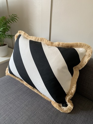 Black & white striped cushion with beige fringing. 60 x 40cm. Monochrome.
