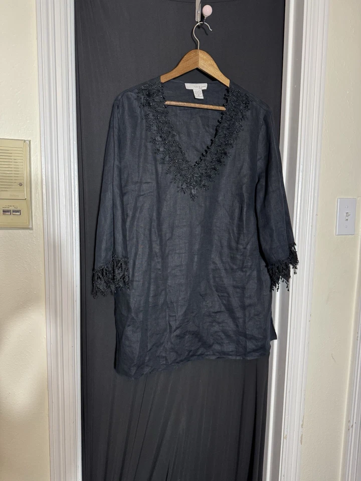 Blusa Lucy & Laurel 100% Lino, Negra 1X, Bordada Encaje Detalles Hada Foto 2 de 4