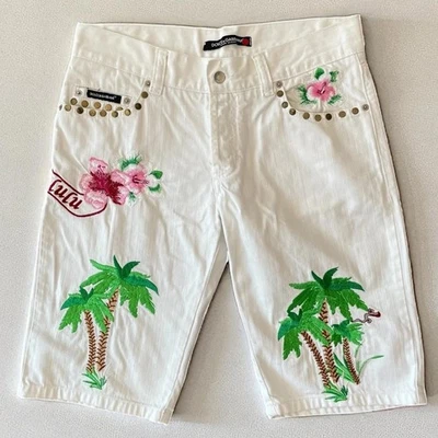 Pantalones Cortos Dolce & Gabbana Blancos Honolulu Tropical Bordado Talla S - Imagen 1 de 4