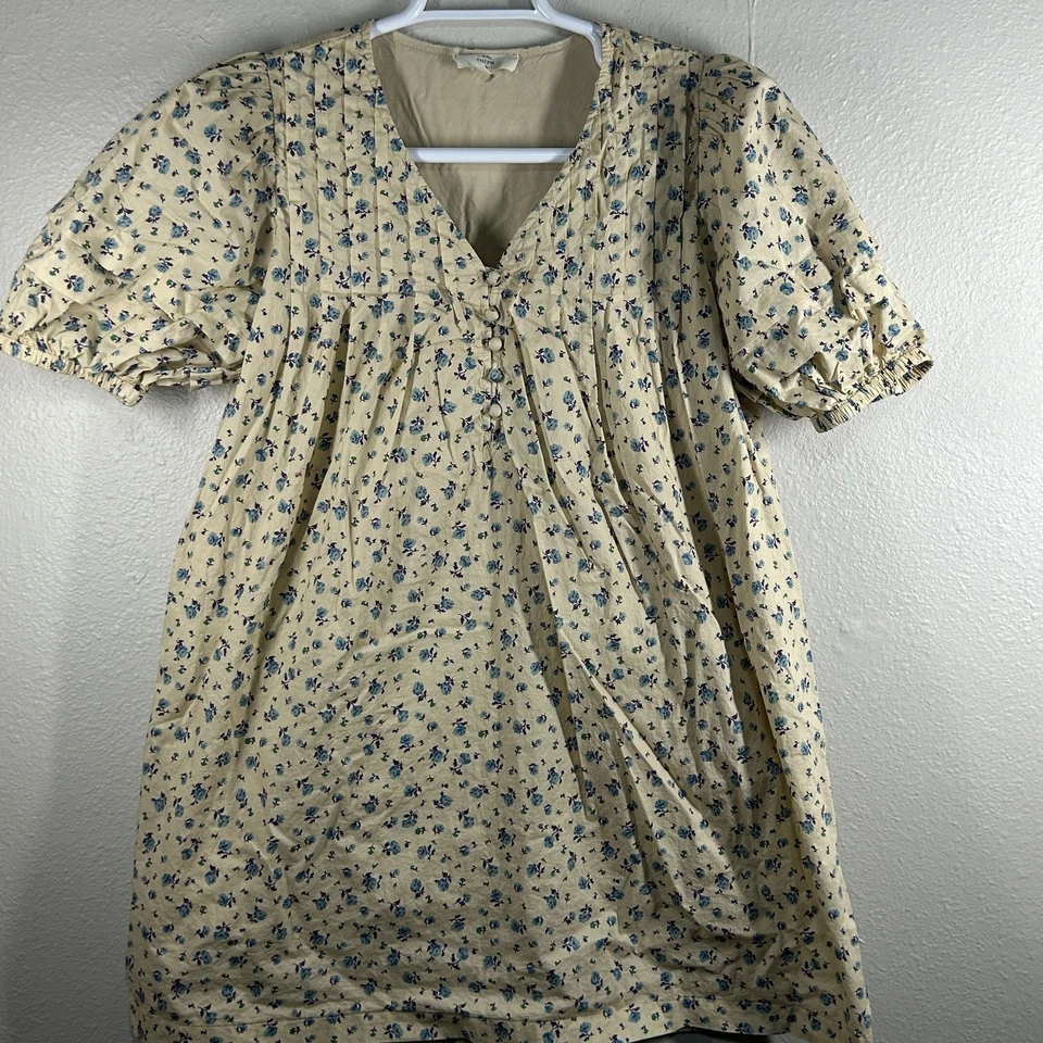 Vestido Entro Mujer M Floral Pintuck Cuello en V Manga Abullonada Algodón Beige Forrado Ajuste Foto 4 de 4