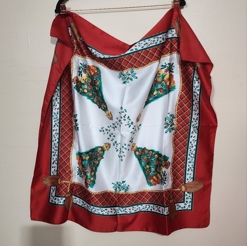 Vintage 80s Italian Holiday Scarf Christmas Tree Print Red Plaid Border - Picture 2 of 11