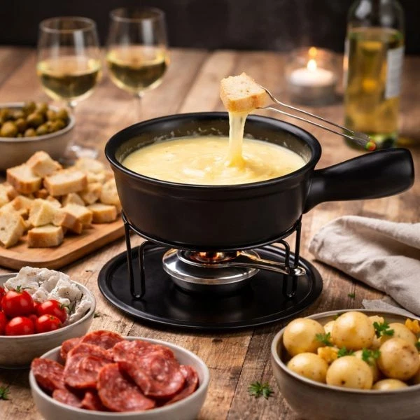 Gusta Ceramic Fondue Set - For Cheese and Chocolate, Includes Rechaud and Forks