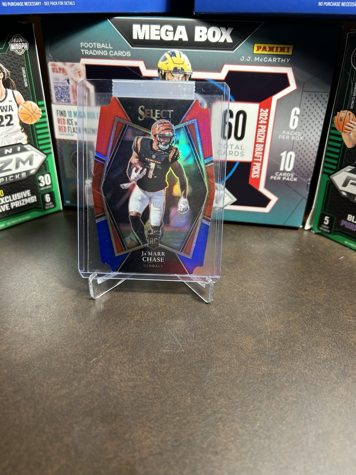 2021 Select JaMarr Chase RC Premier Level Red/Blue Prizm Die Cut #147 Bengals SP