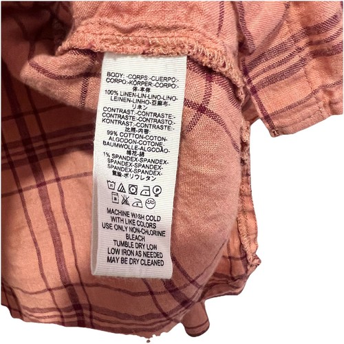 Free People Shirt Womens M Peach 100% Linen Plaid Button Down Coastal Beach - Picture 7 of 7