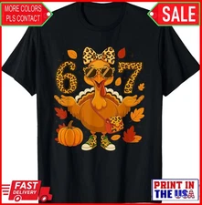 Funny 6 7 Thanksgiving Leopard Bow Turkey six Seven Meme T-Shirt