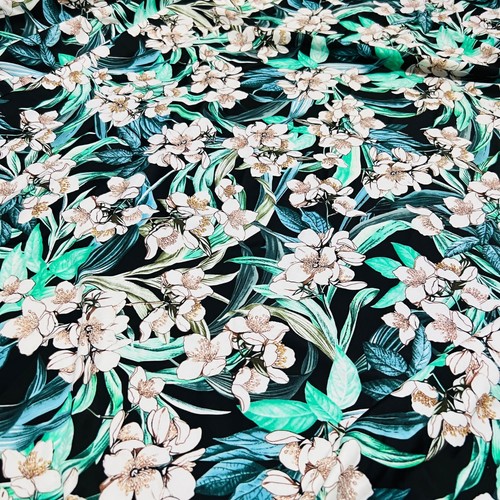 Printed Flowers and Aqua Leaves Stretch Fabric 60" wide Swimsuit Spandex By Yard - Picture 2 of 6