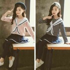 2Pcs Girls Striped Blouse + Pantskirts Preppy Style Sailor Collar Tops Sweatsuit