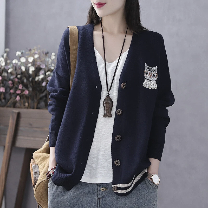 Women Girl Kawaii Cat Knit Cardigan Preppy Sweater Jumper Japanese Mori