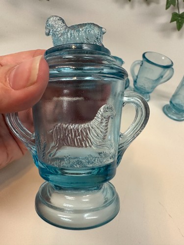Vintage 6 pc. Boyd Art Glass Blue Child's Lamb Serving set Great for Easter! - Picture 13 of 15