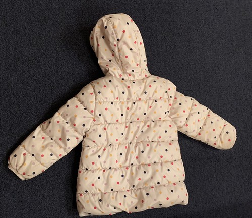 Antiguo Abrigo Azul Marino Puffer Niñas 5T Blanco Multicolor Lunares Cremallera Completa Capucha - Imagen 2 de 10