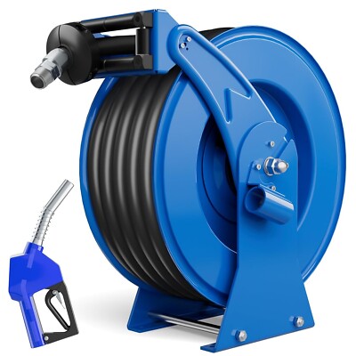 Fuel Hose Reel Retractable Diesel Hose Reel 3/4'' x 50' Auto Fueling Nozzle Blue