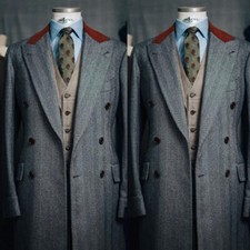 Herringbone Men Suit's Wool Overcoat Single Breasted Long Jacket Outfit Winter