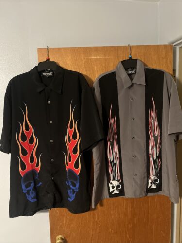 LOT OF 2 Dragonfly Button Shirt Flames & Skulls Mens Size Large Motorcycle Biker