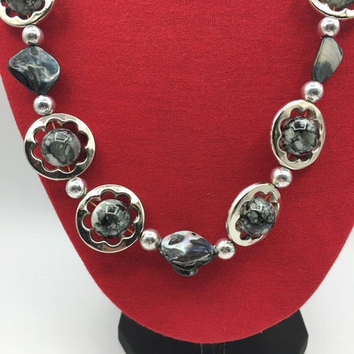Statement Bead Necklace Black, White & Silver Tone Beads Festival Retro Boho - Picture 9 of 11