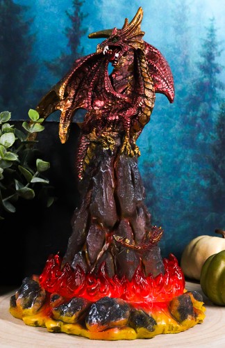 Ebros 10" H Volcano Red Fire Dragon On Rock Tower Figurine with LED Night Light - Picture 1 of 7