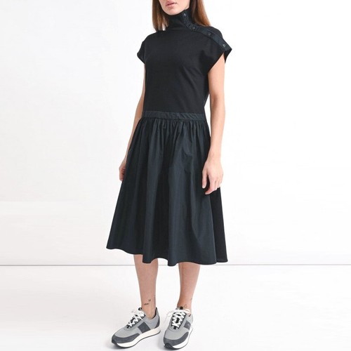 MONCLER SS Belted Midi Dress Snap Button High Neck Logo Jersey Poplin Black L XL - Picture 2 of 11