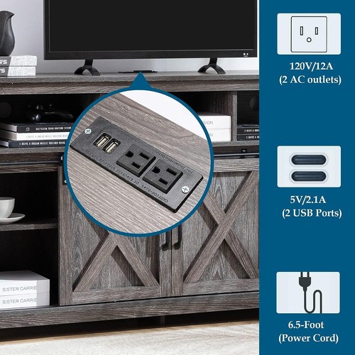 57'' LED Farmhouse Coffee Bar Cabinet Sliding Barn Door TV Stand w/ Power Outlet - Picture 9 of 24