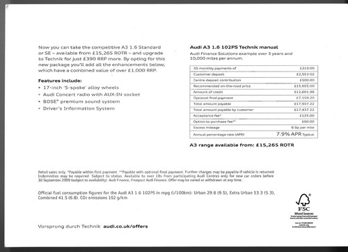 Audi A3 1.6 Technik Upgrade Offer Mid 2009 UK Market Single Sheet Sales Brochure - Picture 2 of 2