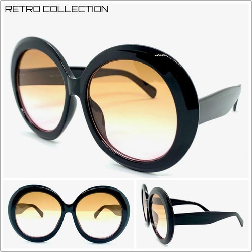 OVERSIZED EXAGGERATED RETRO SUN GLASSES Large Huge Round Black Frame Brown Lens - Afbeelding 1 van 8