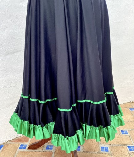 Spanish Flamenco Dance Skirt Full Circle Black+Green Ribbons Stretch Waistband - Picture 3 of 10