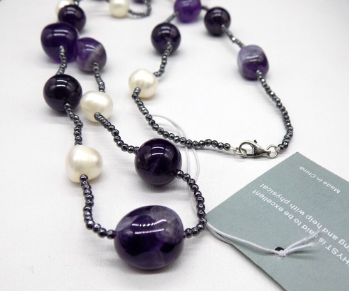 925 Sterling Silver Necklace Genuine Amethyst White Pearls Beads SJ Pearl 31" - Picture 6 of 11