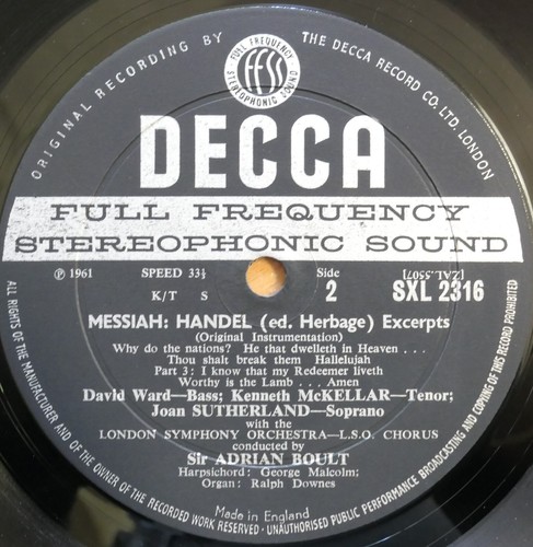 SXL 2316 ED1 Handel Messiah Excerpts Sutherland McKellar Boult Decca WBG 1st EX - Picture 3 of 5