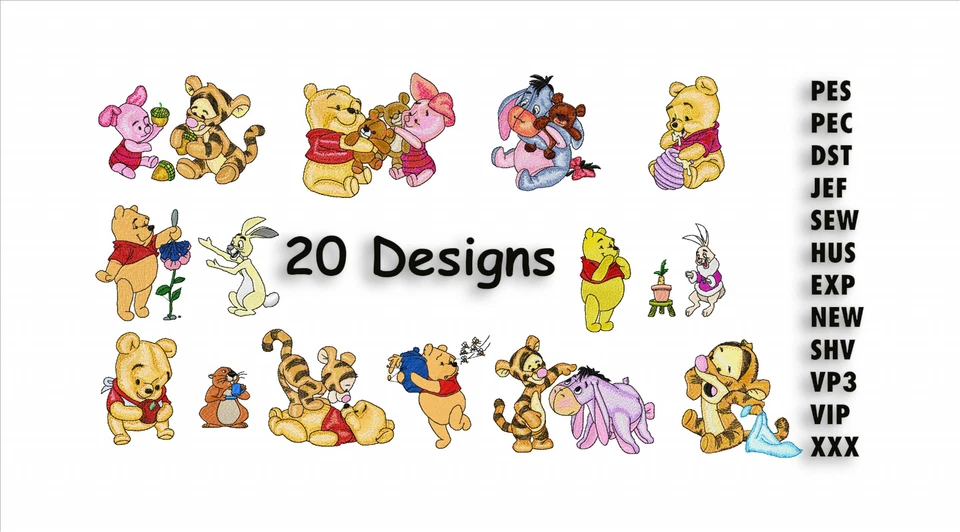POOH MACHINE EMBROIDERY DESIGNS - 20 POOH AND FRIENDS DESIGNS - USB DELIVERED