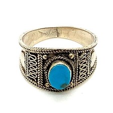 Vtg Signed Sterling Silver Bohemian Style Filigree Oval Turquoise Ring sz 10 1/2