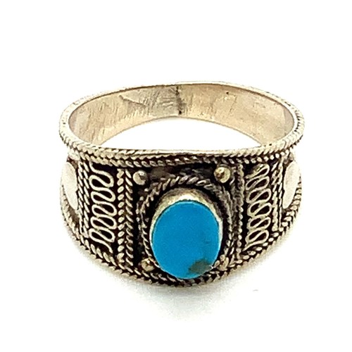 Vintage signierter filigraner ovaler Türkis-Ring Sterlingsilber böhmischer Stil Größe 10 1/2 - Bild 1 von 7