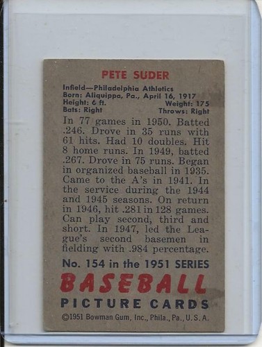 1951 Bowman Baseball Card Pete Suder Philadelphia Athletics EX MINT # 154 - Picture 2 of 2