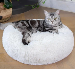 Calming Donut Cat Bed 24-Inch Faux Fur Plush Anti-Slip Waterproof White