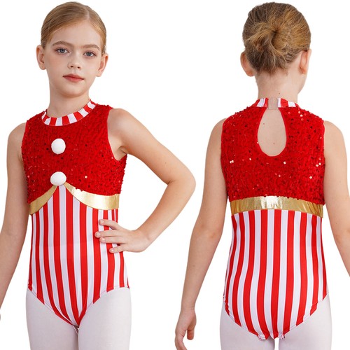 Girl Jumpsuit Santa Costume Candy Cane Bodysuit Stripes Dancewear Christmas - Picture 4 of 30