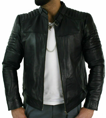 Herren Reines Leder Echt Lammleder Jacke Motorrad Stylische Biker Steppjacke