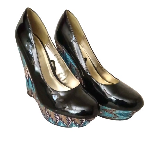 Steve Madden Platform Wedges 10M Black Patent Leather Blue Tapestry P-Elli 2649 - Picture 12 of 20