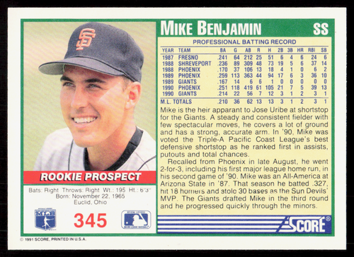 1991 Score 345 Mike Benjamin San Francisco Giants - Picture 2 of 2