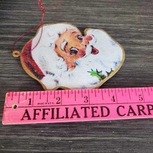 Kitschy Metal Retro Jolly Santa Claus Head Christmas Ornament,  4.5" Glitter  - Picture 3 of 4