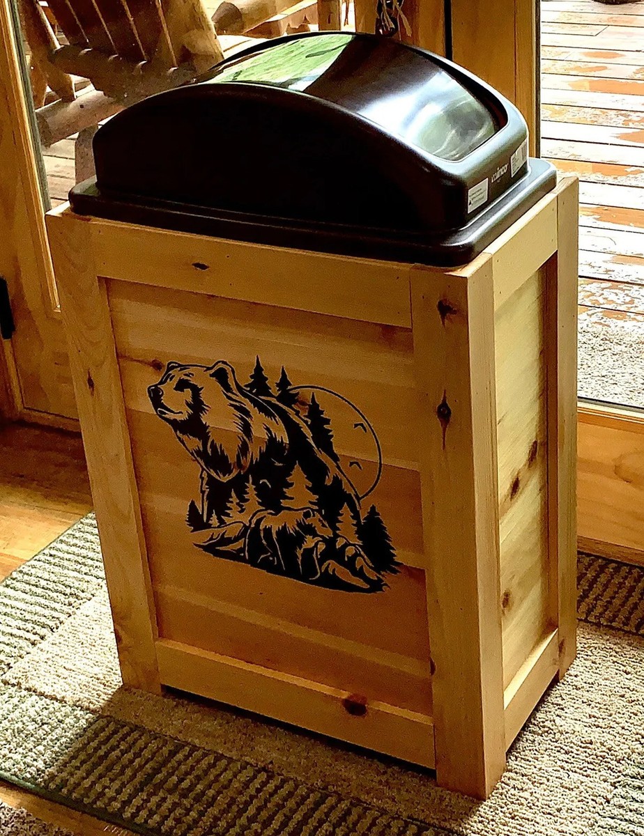NEW RUSTIC BEAR WOOD KITCHEN TRASH BIN GARBAGE CAN 30 GAL
