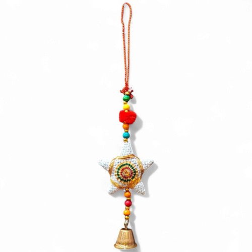 Handmade Indian Star Wall Hanging Decor with Bell & Beads — Boho Home Accent - Picture 12 of 17