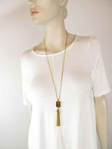 $68 Vince Camuto Gold-Tone Tigers Eye Stone and Tassel Y Drop Necklace NEW - Picture 2 of 9