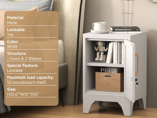 Bedside Storage Cabinet Metal Nightstand Bedside Table End Side Table with Lock - Picture 7 of 13