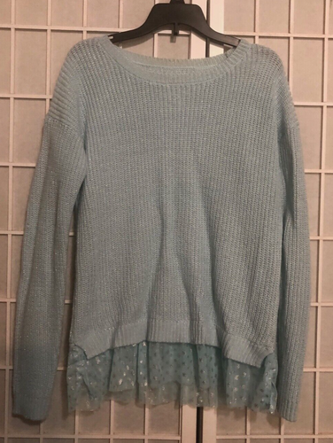 SO GIRLS RIBBED SPARKLE BABY BLUE SWEATER SIZE 16 WITH LACE BOTTOM WITH SNOWFLAK - Picture 5 of 7