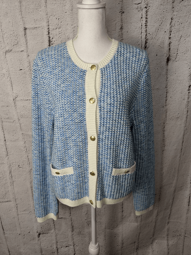J. Crew Tweed Lady Blue Cardigan Sweater w Pockets Gold Tone Buttons Sz XL - Picture 5 of 11